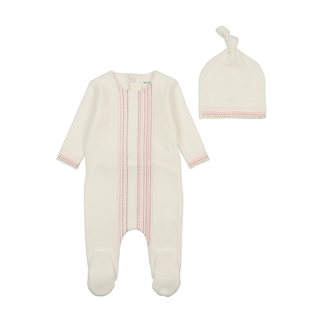 Bee & Dee Ivory Girls Colored Stitching Footie + Beanie