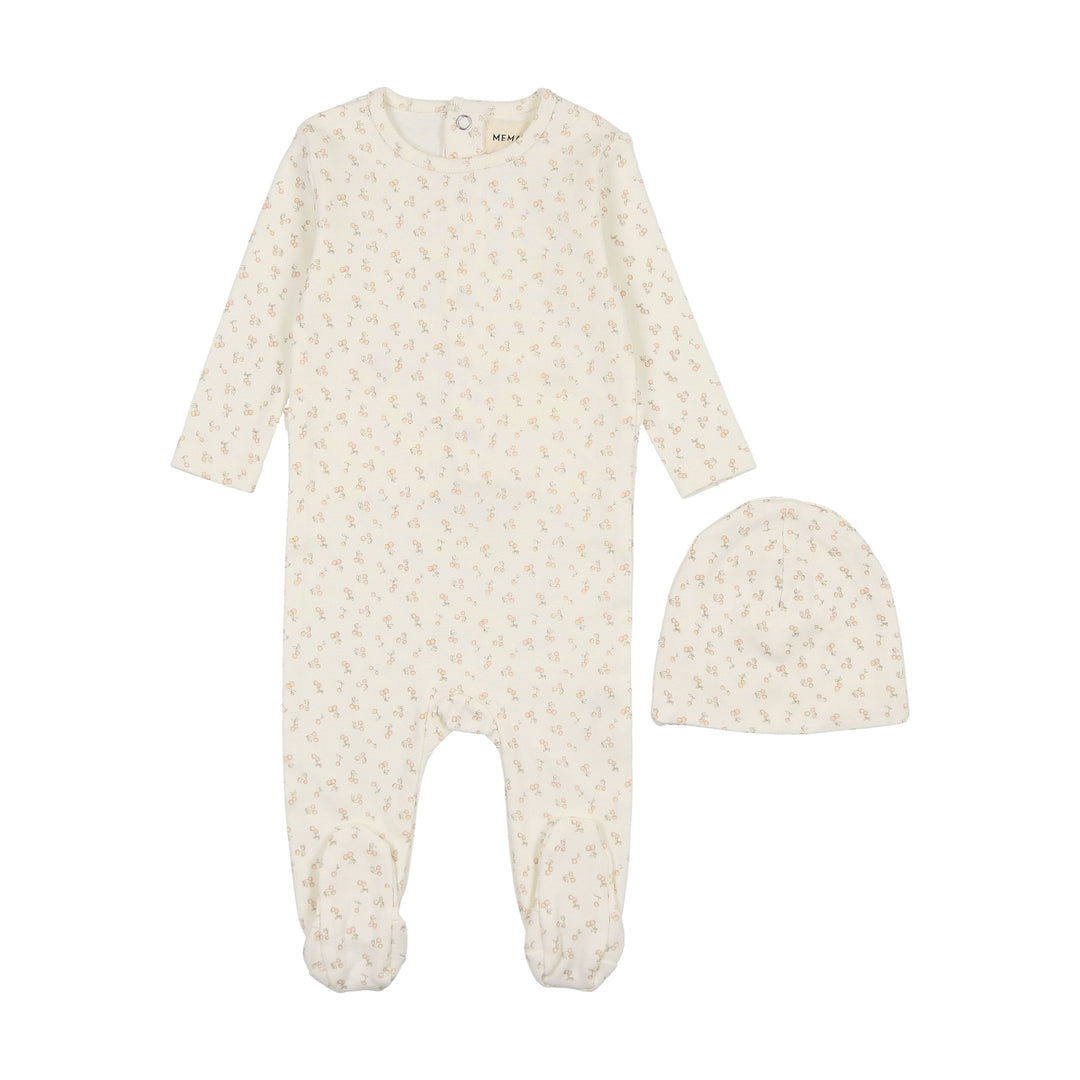 Mema Knits Pink Cherry Print Footie + Beanie