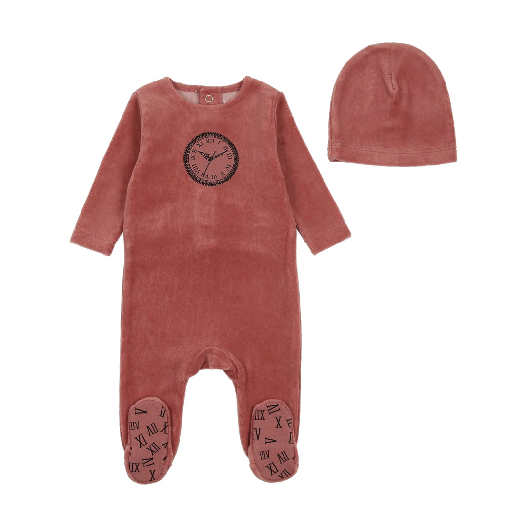 Bee & Dee Rhubarb Clock Velour Footie + Beanie