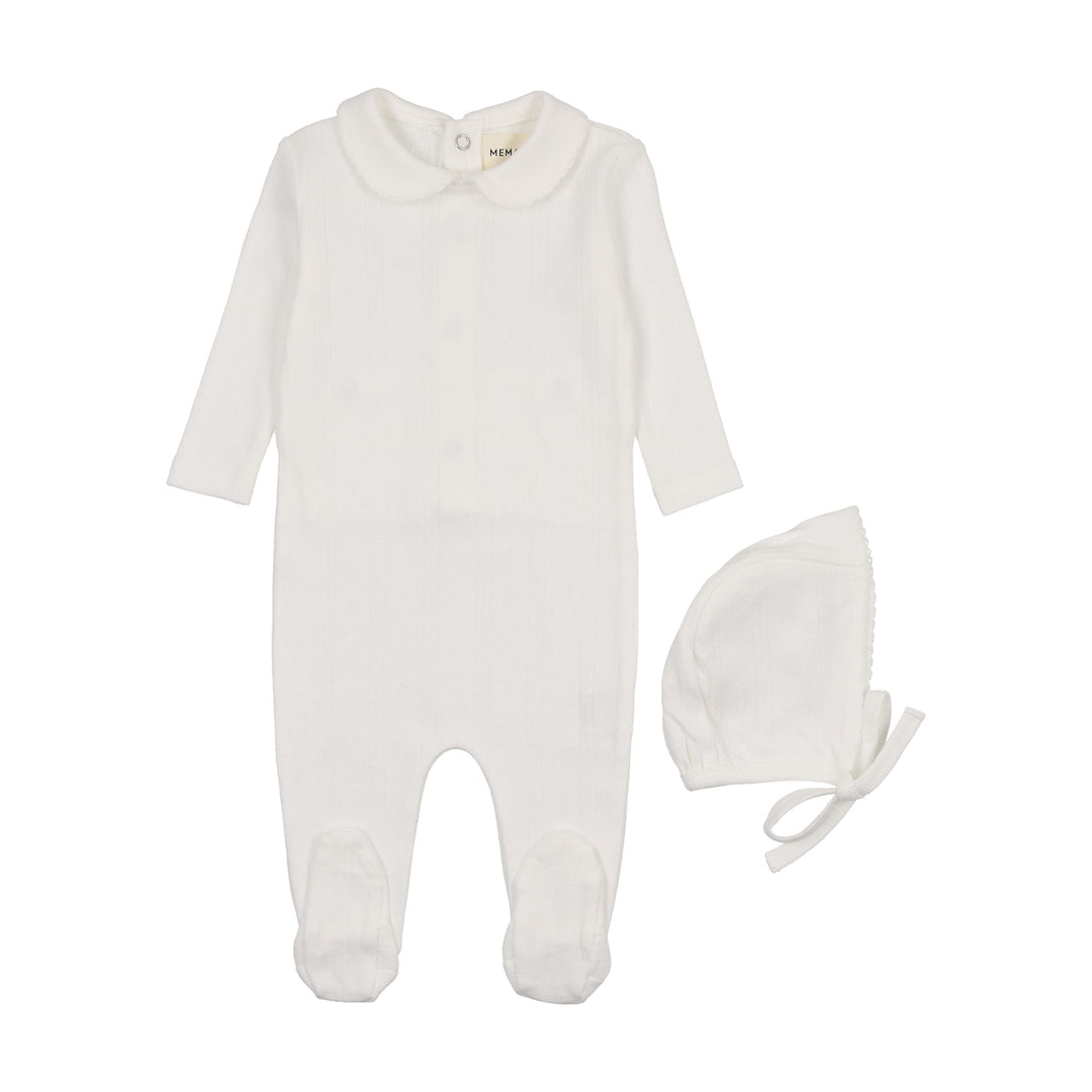 Mema Knits White Pointelle Footie + Bonnet