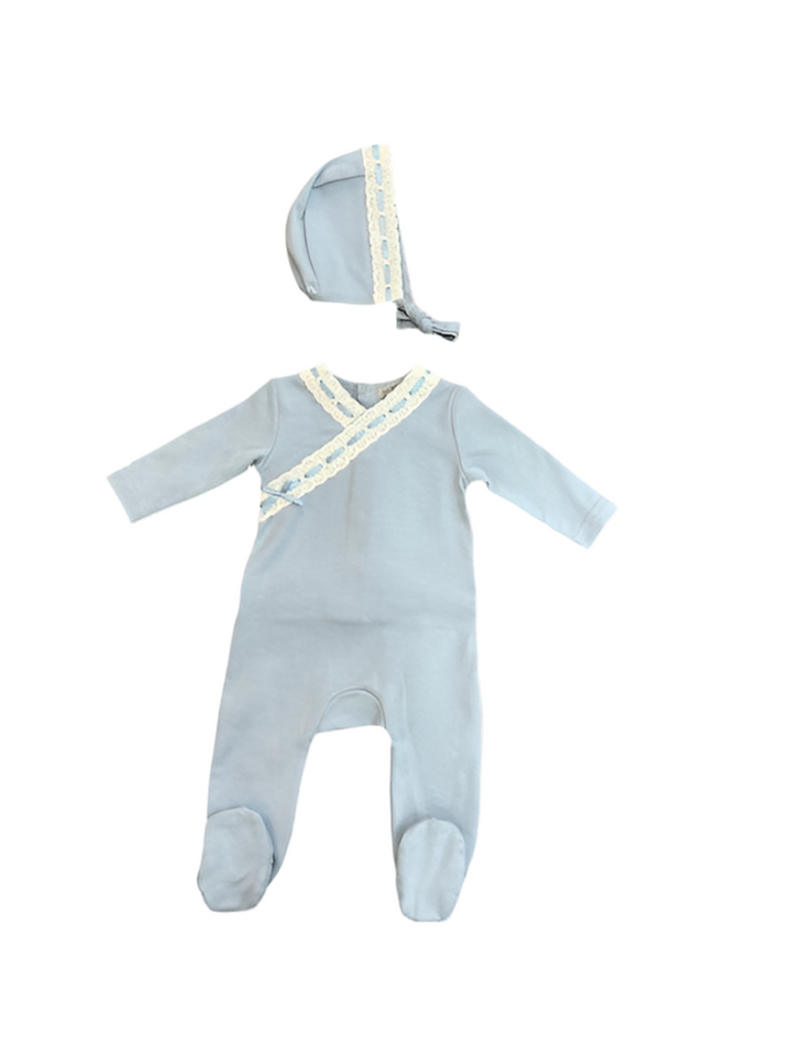 EYELET TRIM FOOTIE + BONNET