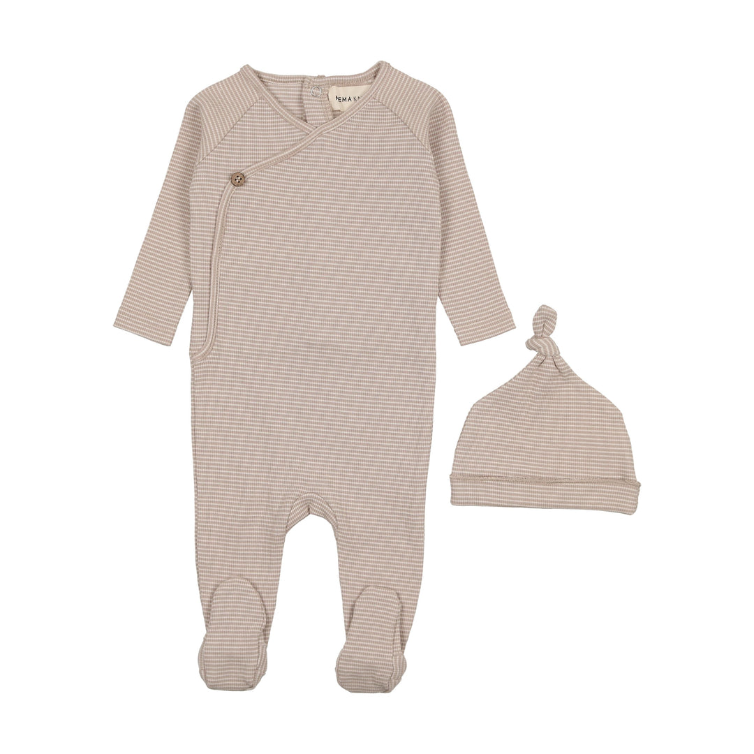 Mema Knits Taupe Thin Striped Footie + Beanie