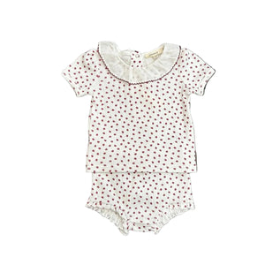 Fragile - Baby Pointelle With Flower Print 2pcs Short Set With Ruffle Collar