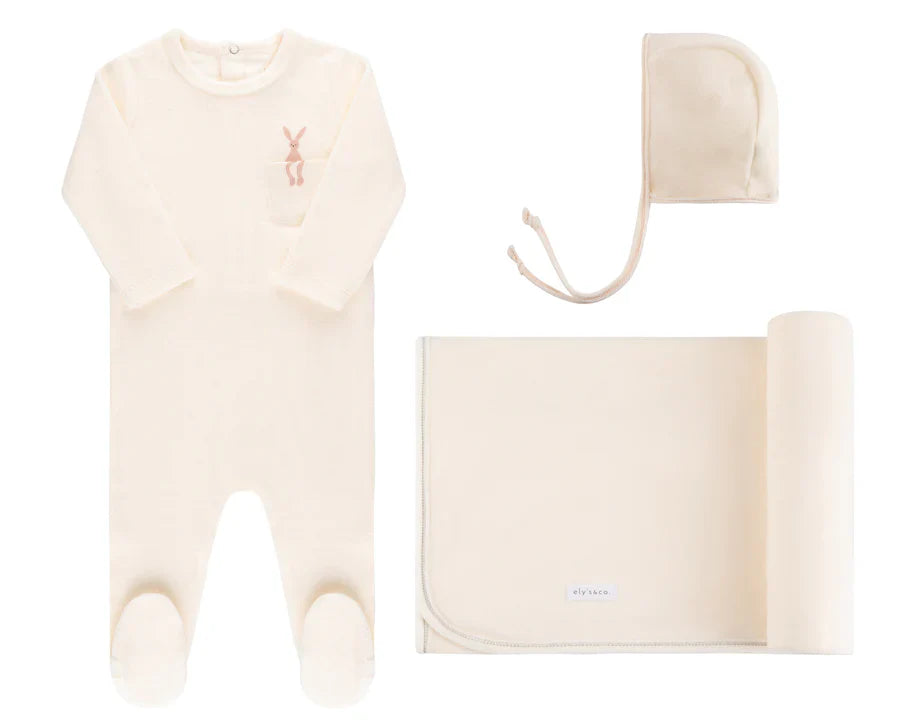Ely's & Co Ivory/Pink Velour Bunny on Pocket Giftbox