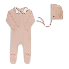 Ely's & Co Floral Embroidered Collar Collection Footie and Bonnet Soft Cotton Baby Outfit Embroidered Floral Collar Design