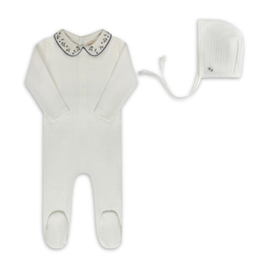 Ely's & Co Floral Embroidered Collar Collection Footie and Bonnet Soft Cotton Baby Outfit Embroidered Floral Collar Design