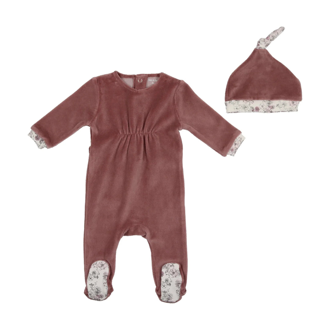 Bee & Dee Mauve Floral Knot Velour Footie with Beanie