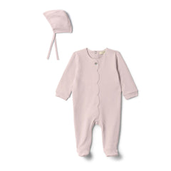 Fragile Baby Pink Scallop Trim Footie and Beanie Set Boutique Designer Elegant Organic Cotton Newborn Outfit