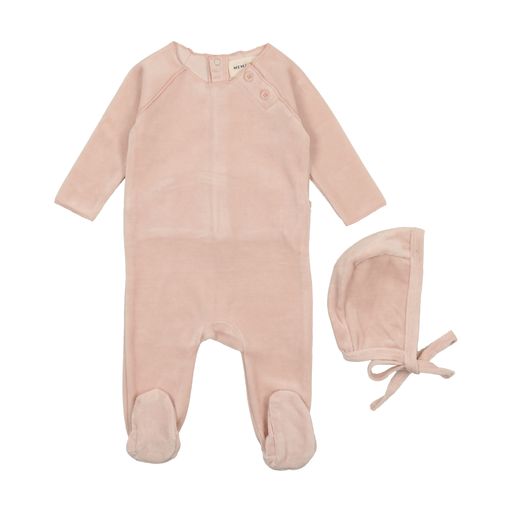 Mema Knits Old Rose Velour Button Footie + Bonnet