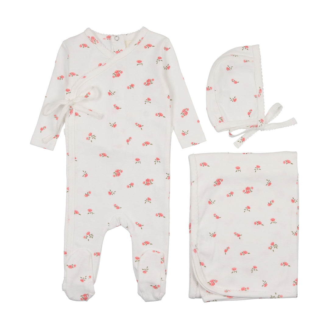 Mema Knits Floral Pink Pointelle 3 Pc Layette Set