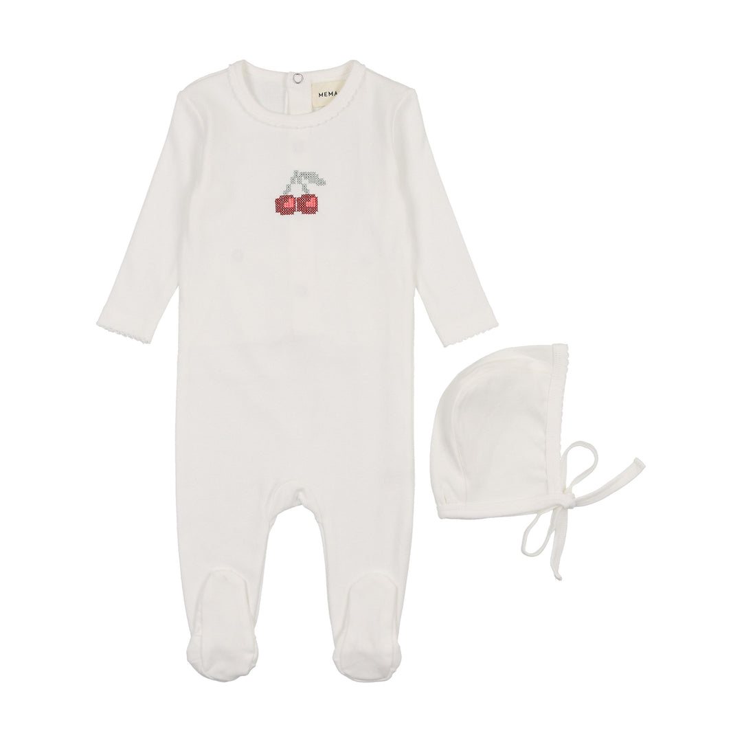 Mema Knits Red Embroidered Cherry Footie + Bonnet