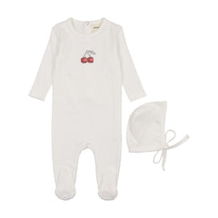 Mema Knits Red Embroidered Cherry Footie + Bonnet