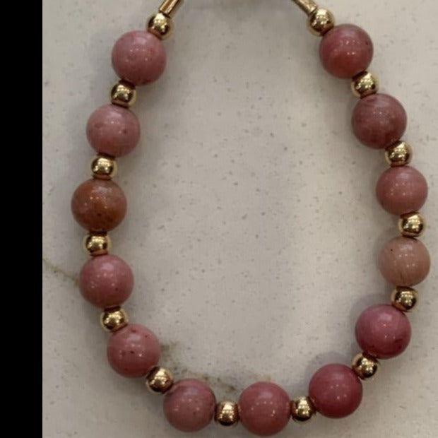 MAUVE RHODONITE GEMSTONE AND GOLD FILLED BRACELET