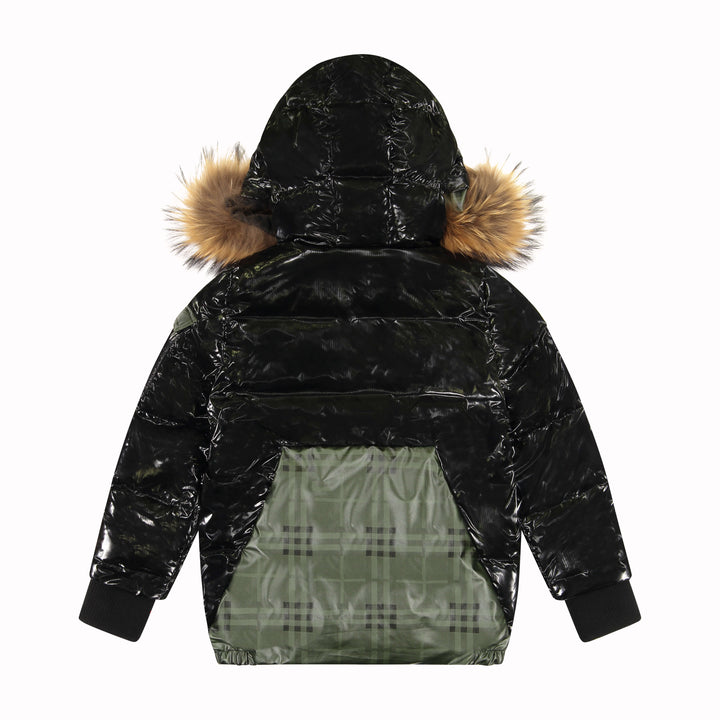 glimfy down coat with grey plaid for boys and girls unisex