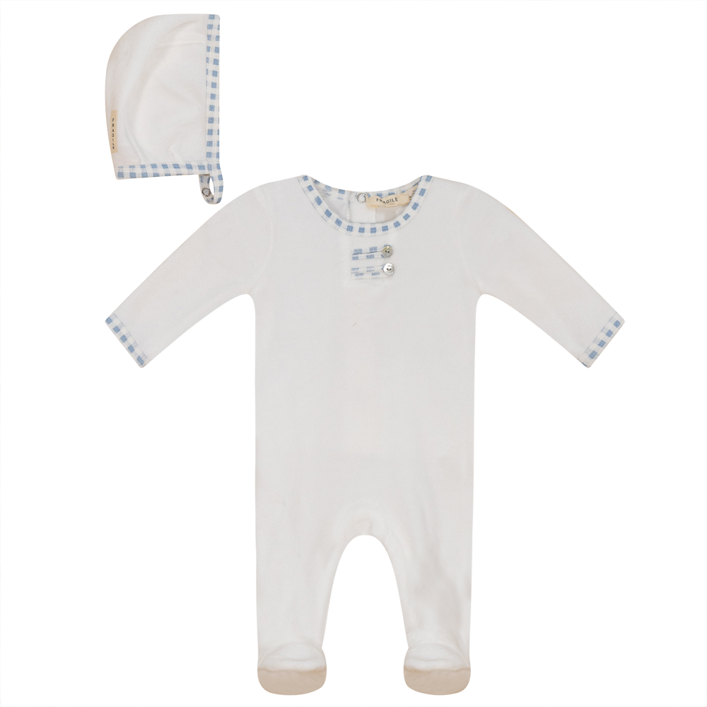 Fragile Velour Footie with Blue Check Trim + Bonnet
