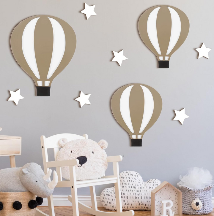 WOOD HOT AIR BALOON + STARS  WALL DECOR