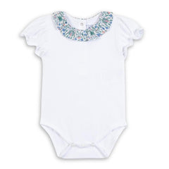 White baby bodysuit with floral collar on a white background