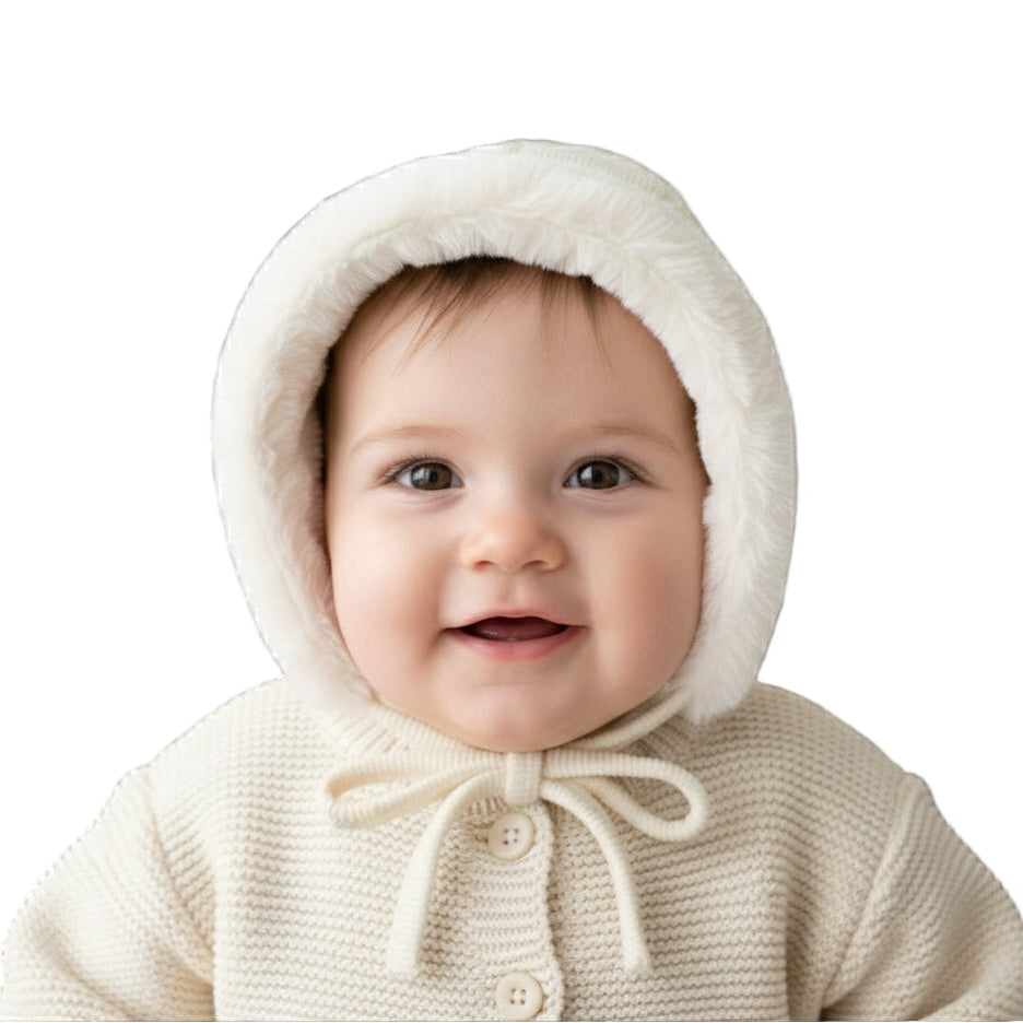 White baby bonnet with fur trim on a white background