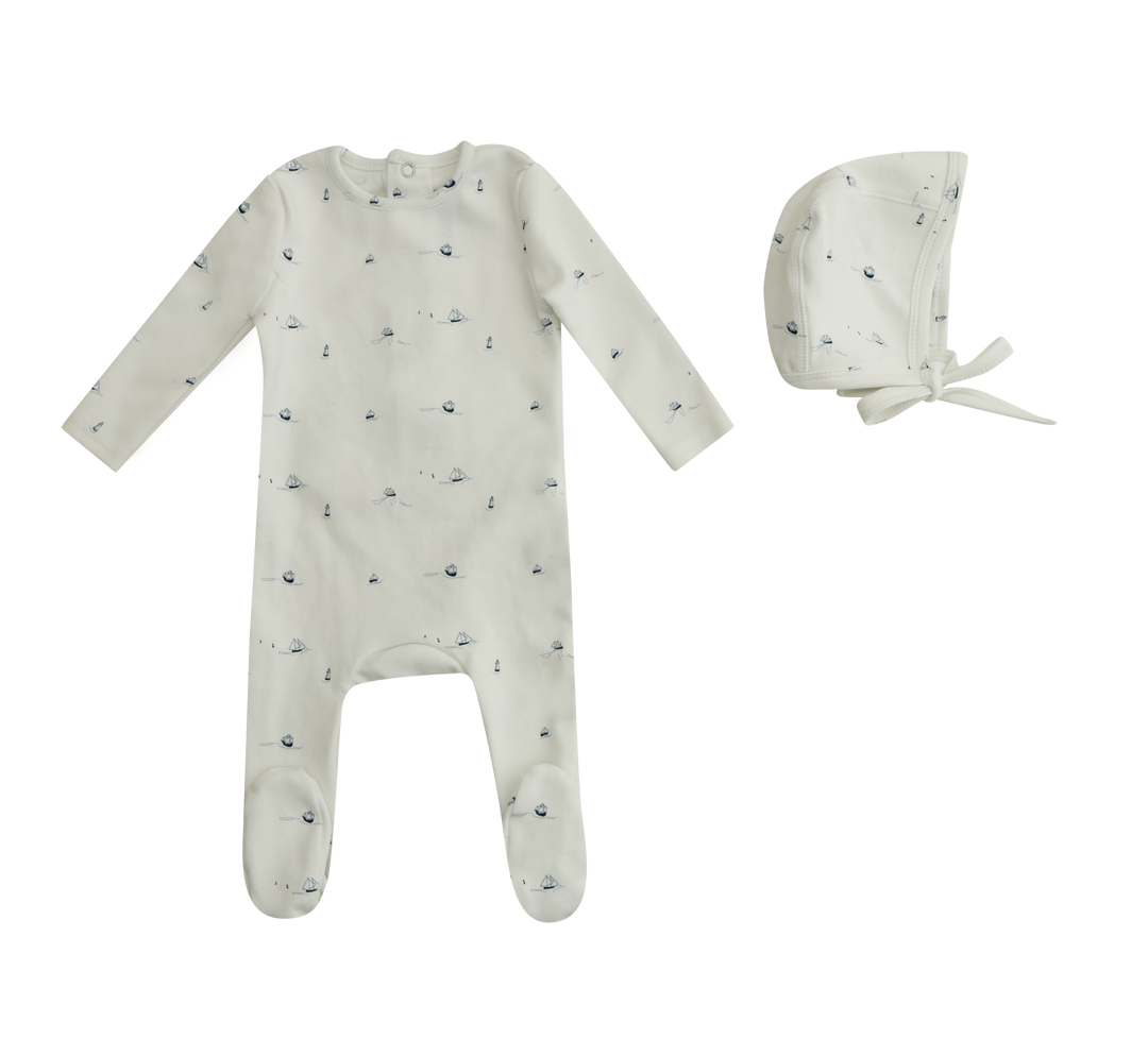 Mini Label Boys White Sailboat Footie + Hat
