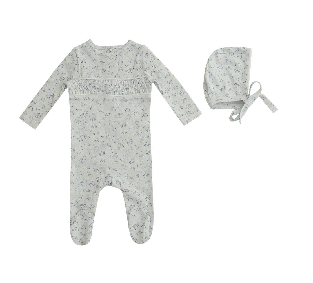 Mini Label Boys Blue Smocked Floral Footie + Hat