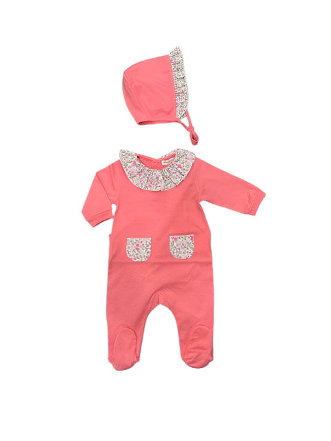 La Macot Coral Floral Trim Footie + Bonnet