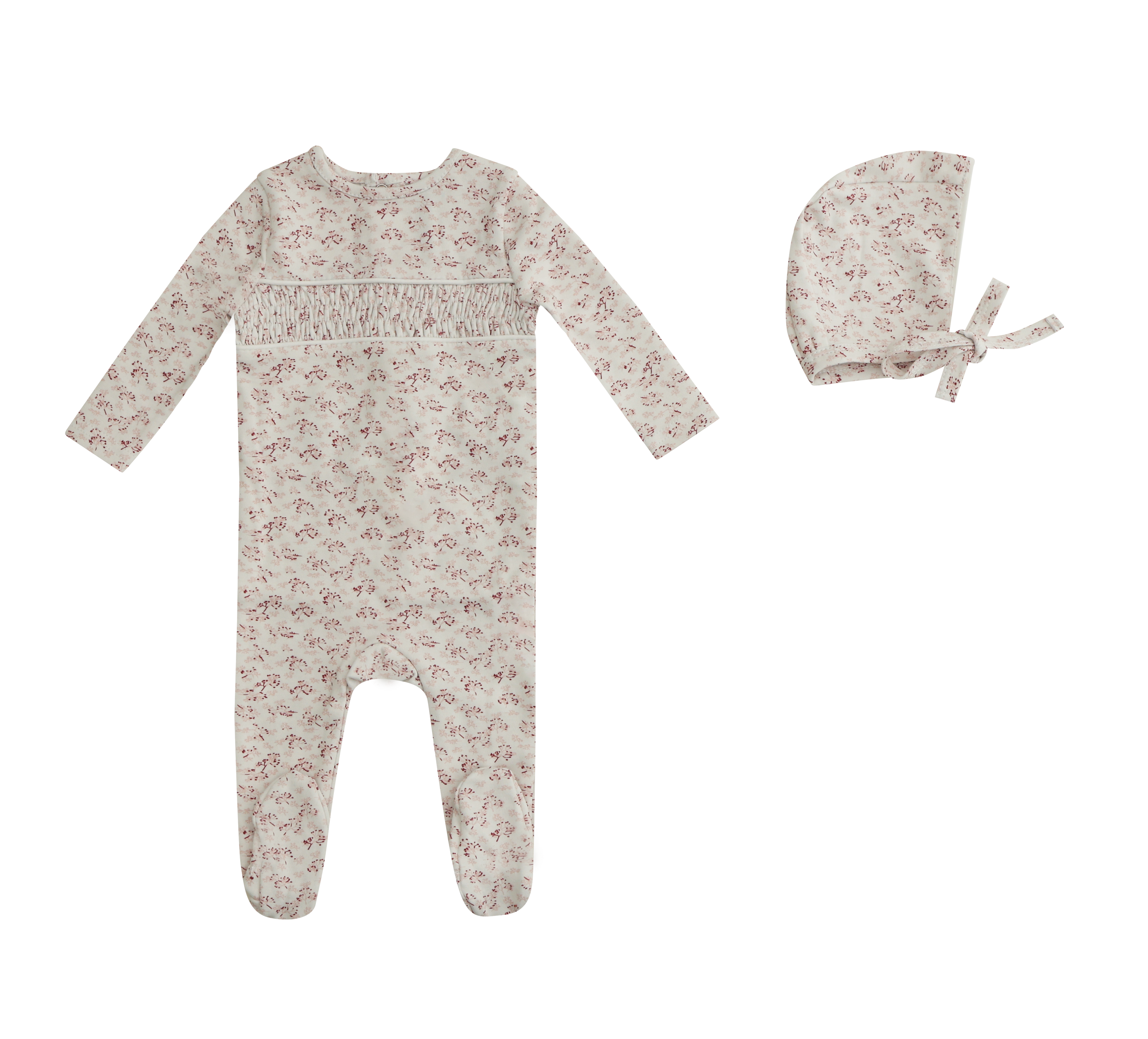 Mini Label Girls Pink Smocked Floral Footie + Hat