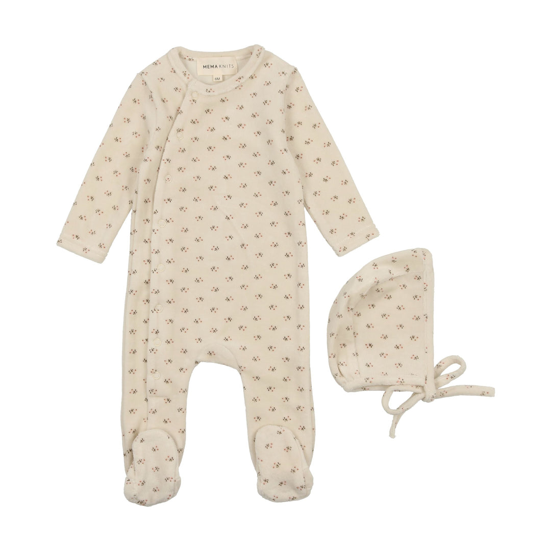 Mema Knits Pink Floral Bud Footie + Bonnet