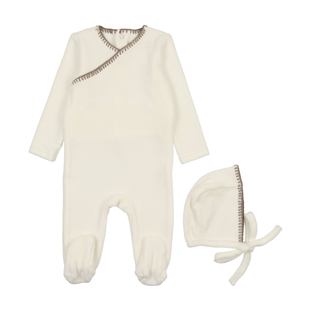 Mema Knits Cream Mink Velour Embroidered Footie