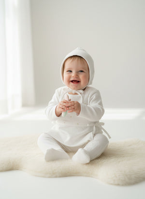 Italian Baby Outfit Set – Top, Pants, Bib & Bonnet