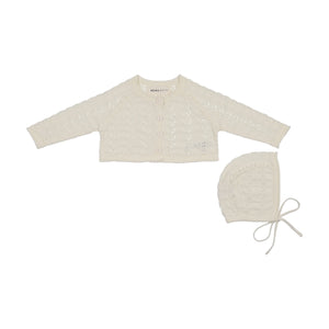 Mema Knits pointelle knit crop cardigan and bonnet set