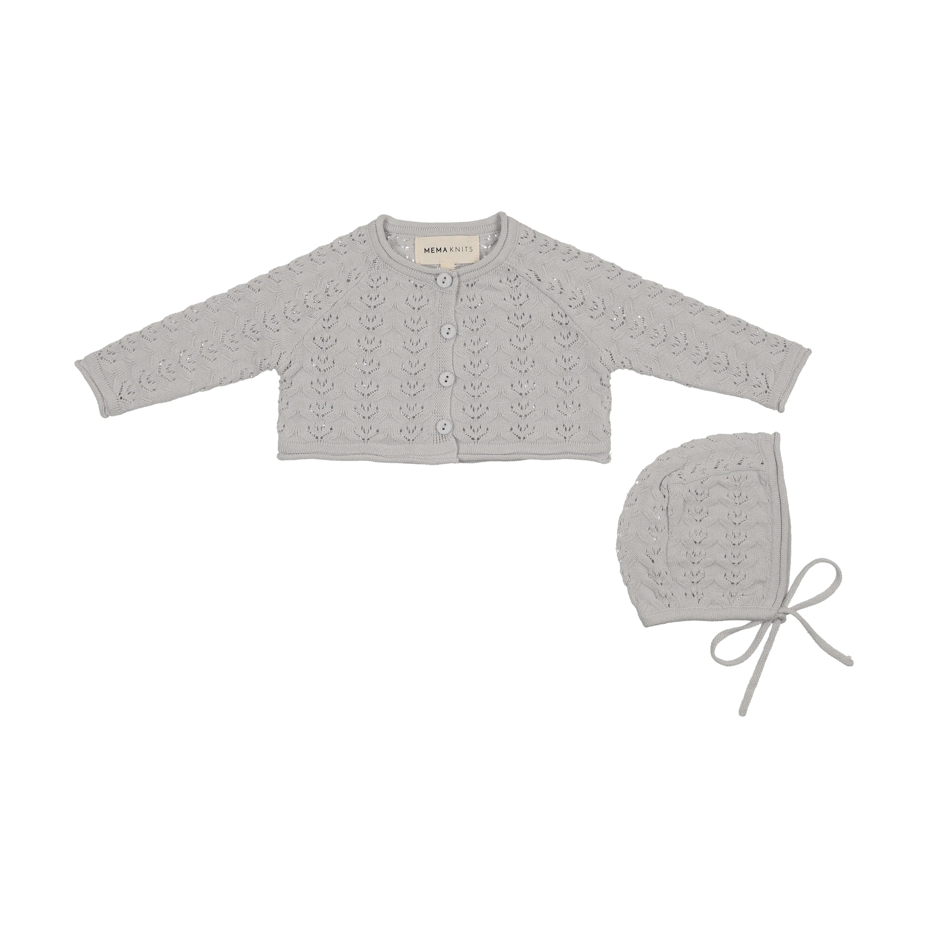 Mema Knits pointelle knit crop cardigan and bonnet set