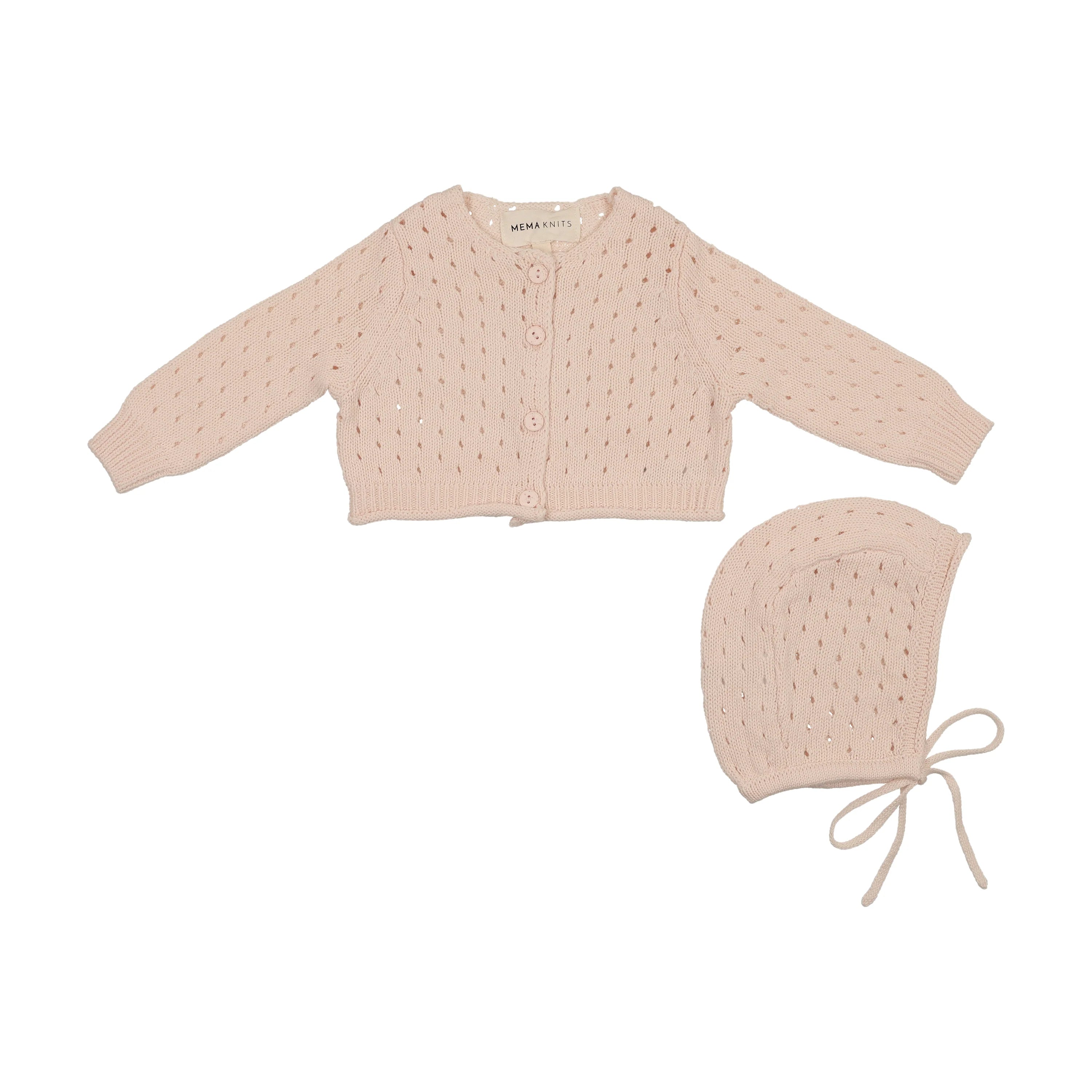 Mema Knits pointelle knit cardigan and bonnet set