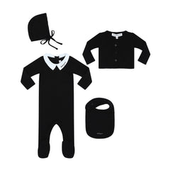 Parni Black Collar Footie with Cardigan + Bonnet