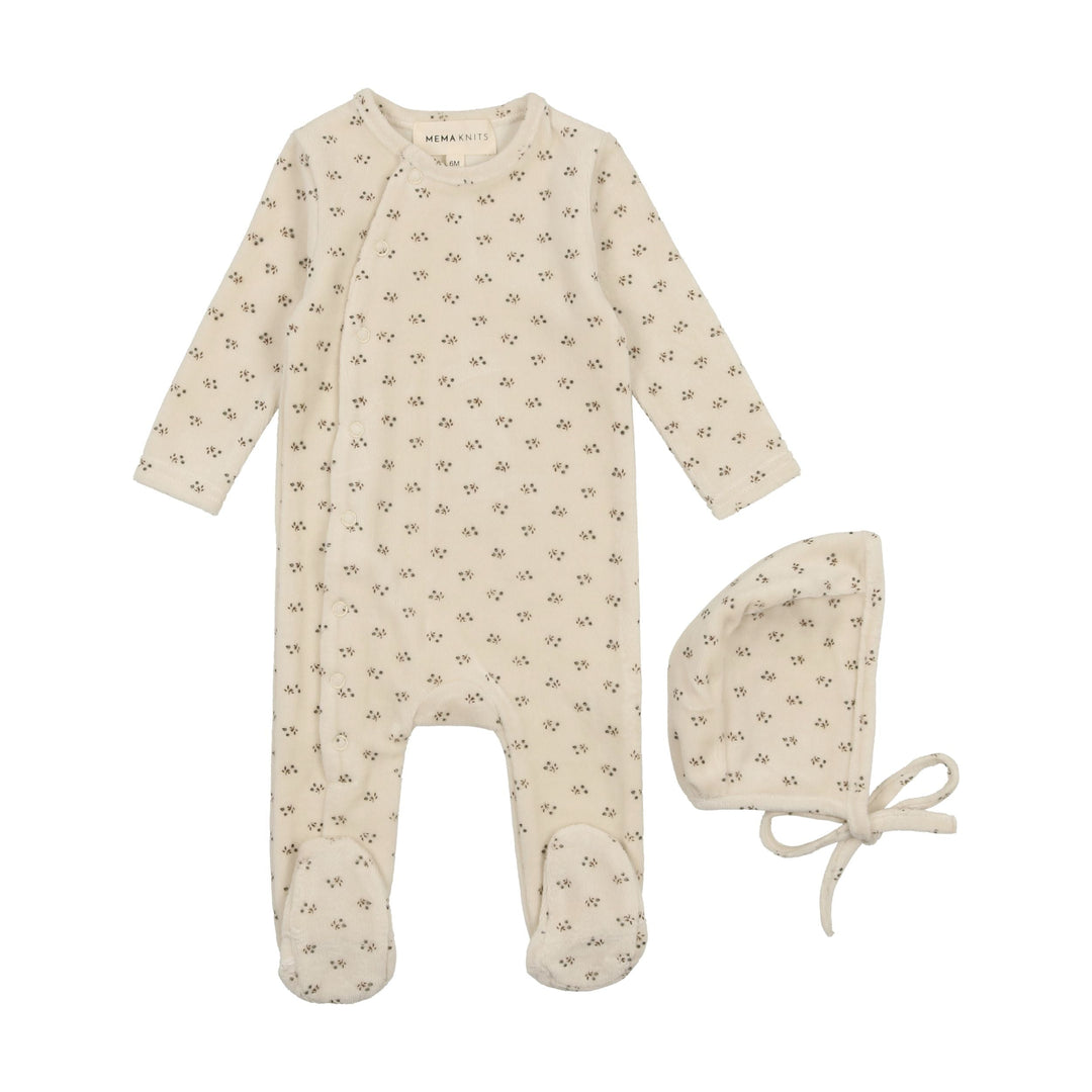 Mema Knits Blue Floral Bud Footie + Bonnet