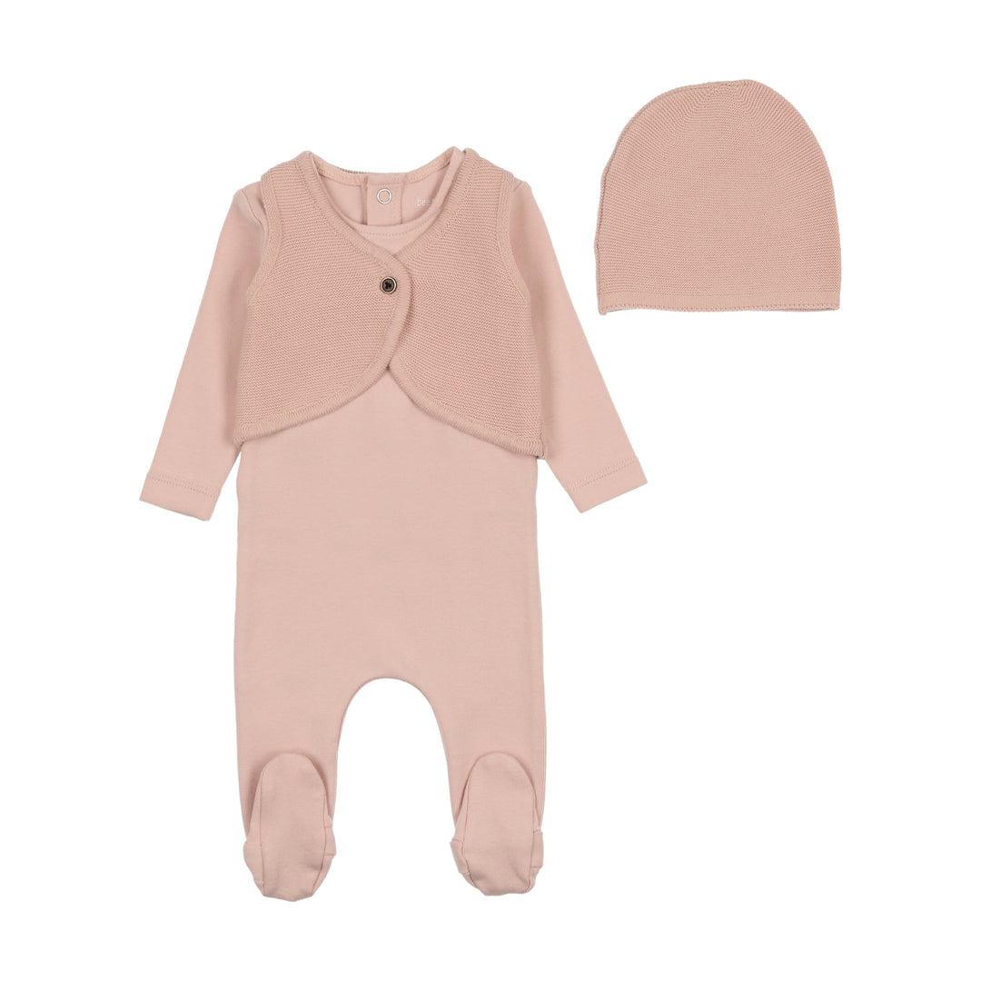 Bee & Dee Dusty Pink Knit Applique Footie + Bonnet