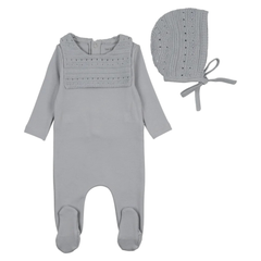 Bee & Dee Dusty Blue Knit Bibette Footie Elegant Textured Newborn Toddler Boutique Outfit