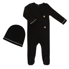 Little Label Weekend Footie & Hat Set (Buttons) – Black Cotton Essentials at Little Loungers