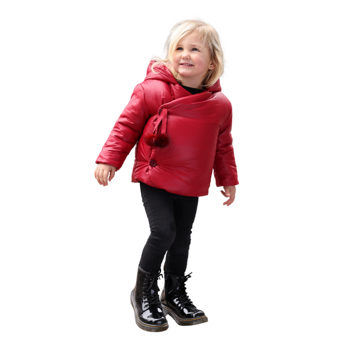 Side Opening Pom Pom Tie Winter Jacket – Red & Mid Blue | Cozy Baby Outerwear | Mantel