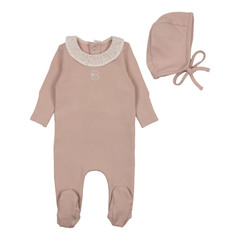 Bee & Dee Rose B Collar Footie and Bonnet Set Elegant Pink Boutique Newborn Toddler Outfit