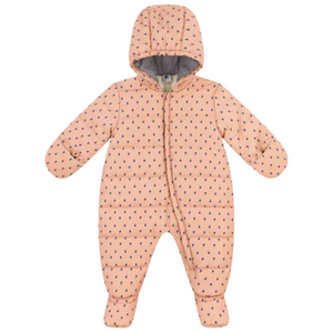 Pink baby snowsuit with a pattern on a white background