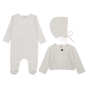 Bee & Dee Chalk White Intricate Knit Footie and Bonnet Set Elegant Minimalist Boutique Newborn Toddler Outfit
