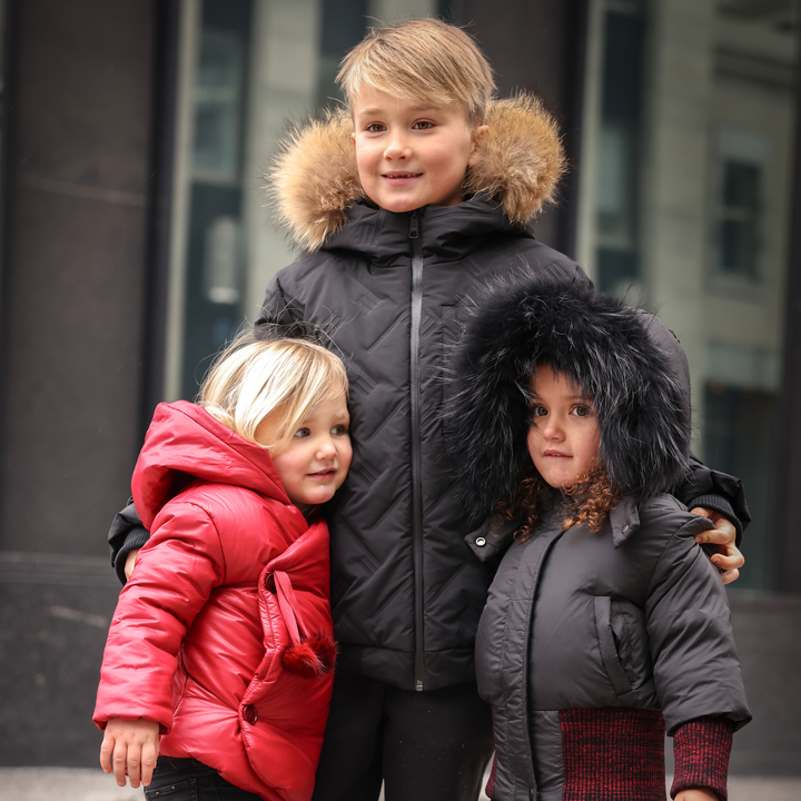 Side Opening Pom Pom Tie Winter Jacket – Red & Mid Blue | Cozy Baby Outerwear | Mantel
