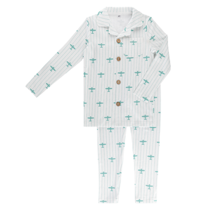 Little Label – Blue Airplane Print Grandpa Pajama (Light Blue Cotton)