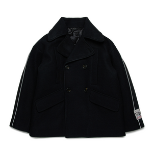 Black coat with white stripes on sleeves on a white background