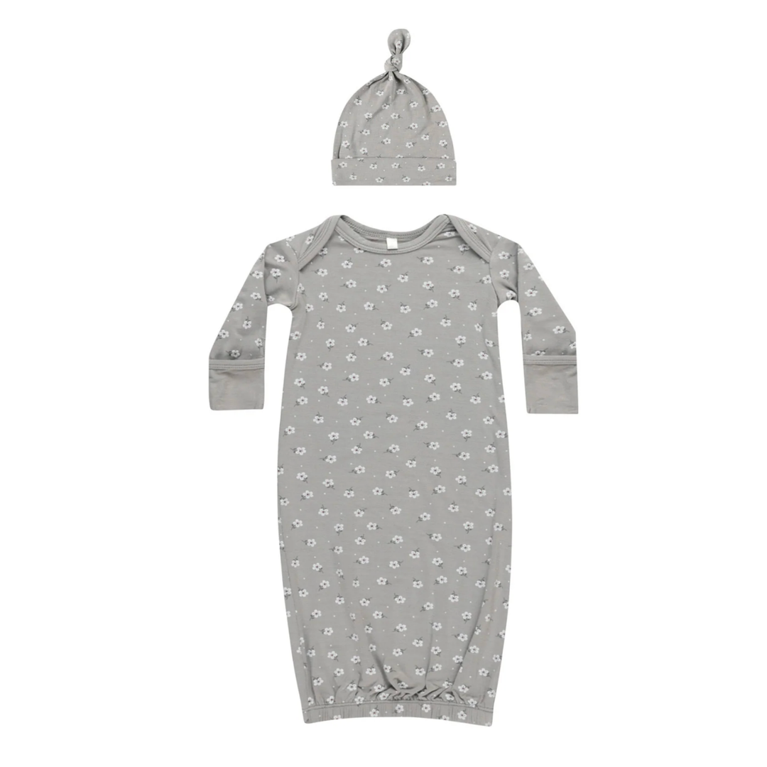 Quincy Mae Dusty Blue Knotted Baby Gown + Hat | Organic Cotton Newborn Sleep Set