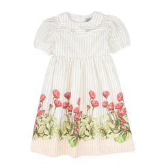 Striped Floral Puff Sleeve Collar Dress - White/Tan