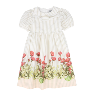 Striped Floral Puff Sleeve Collar Dress - White/Tan