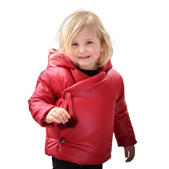 Side Opening Pom Pom Tie Winter Jacket – Red & Mid Blue | Cozy Baby Outerwear | Mantel