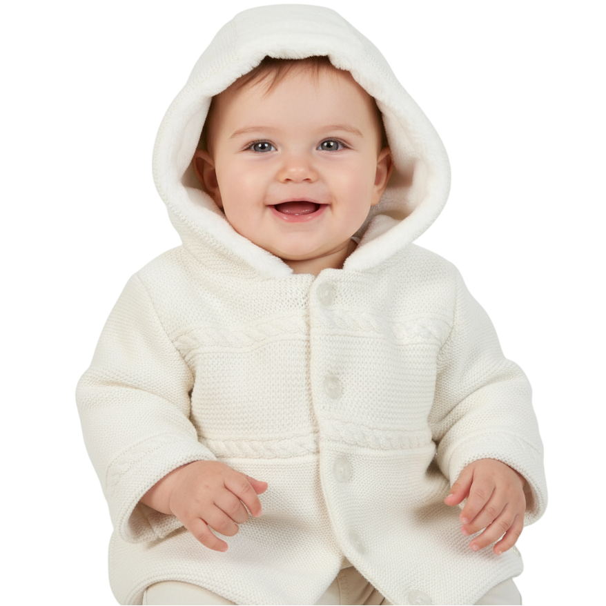 White quilted jacket with a hood on a white background
