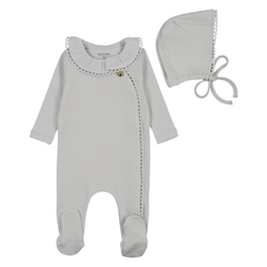 Bee & Dee Sky Blue Pleated Collar Footie and Bonnet Set Elegant Minimalist Boutique Newborn Toddler Outfit